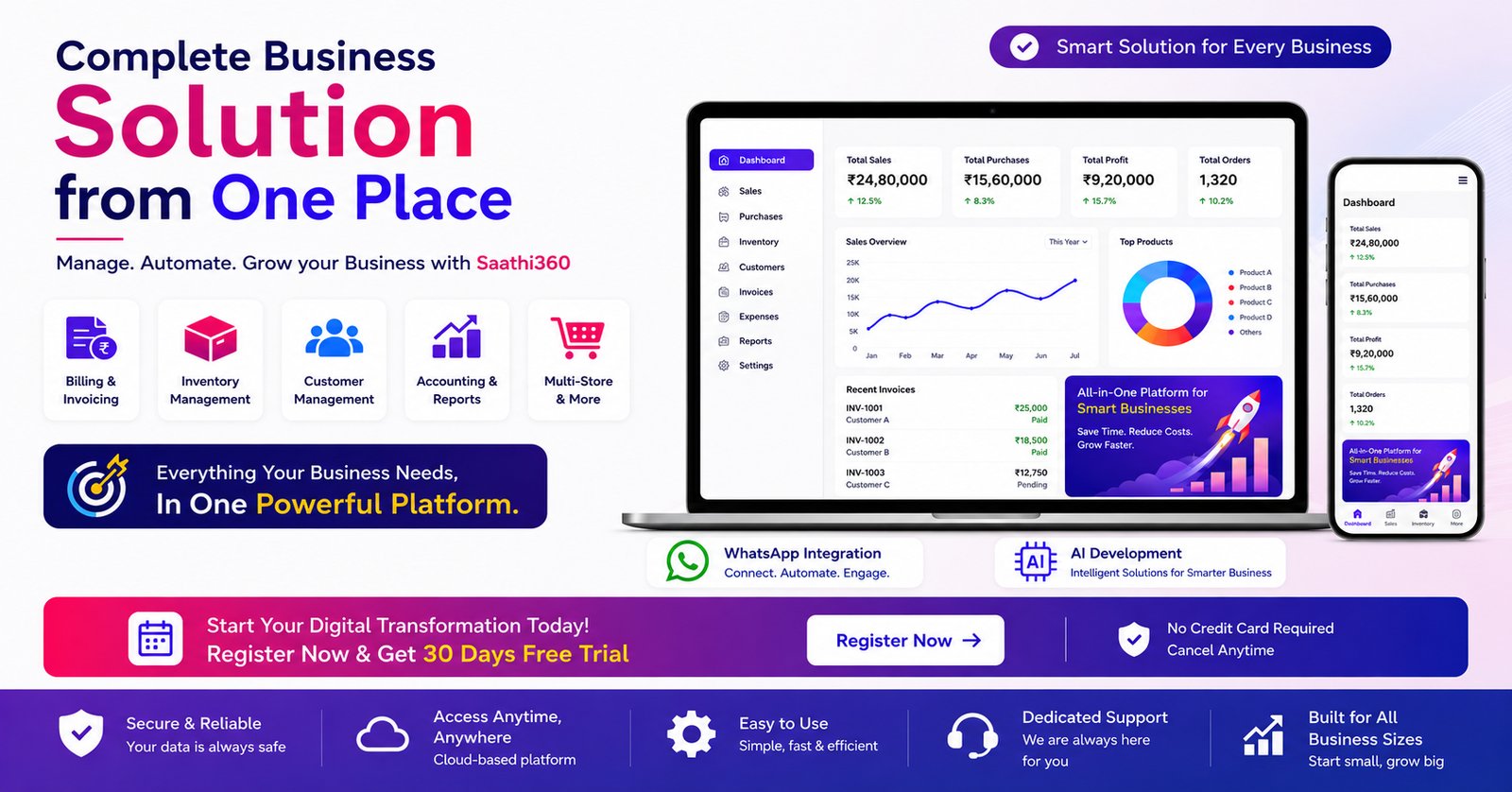 Complete business solution from one place — billing, inventory, customers, accounting and multi-store on Saathi360.
